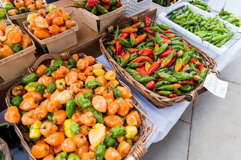 Two large baskets of orange, yellow, red, and green peppers for sale at a farmers' market 