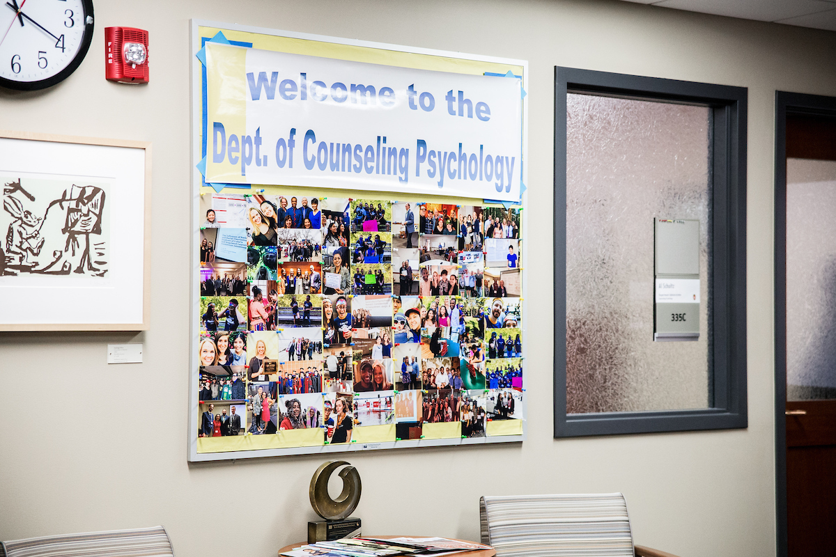 Department of Counseling Psychology poster board in an office
