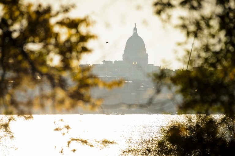 A view of the Capitol over Lake Mendota, from Picnic Point