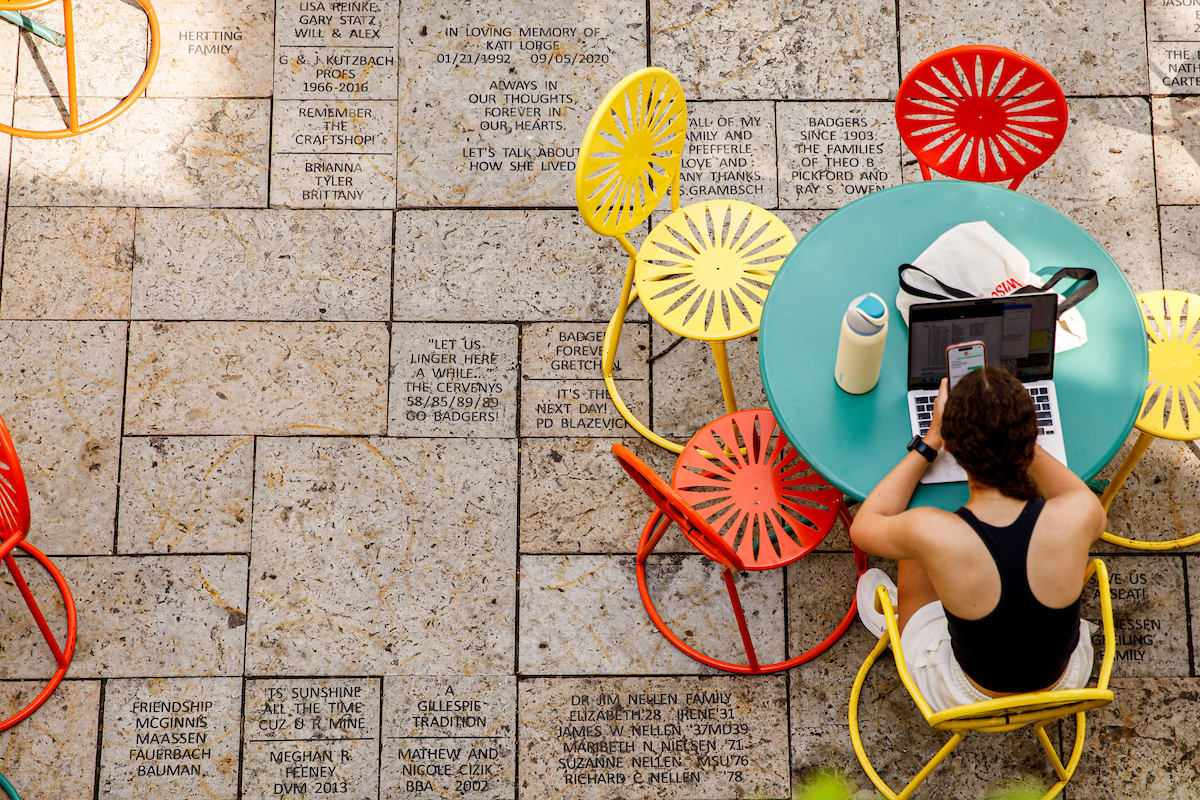 overhead view of a student studying outside